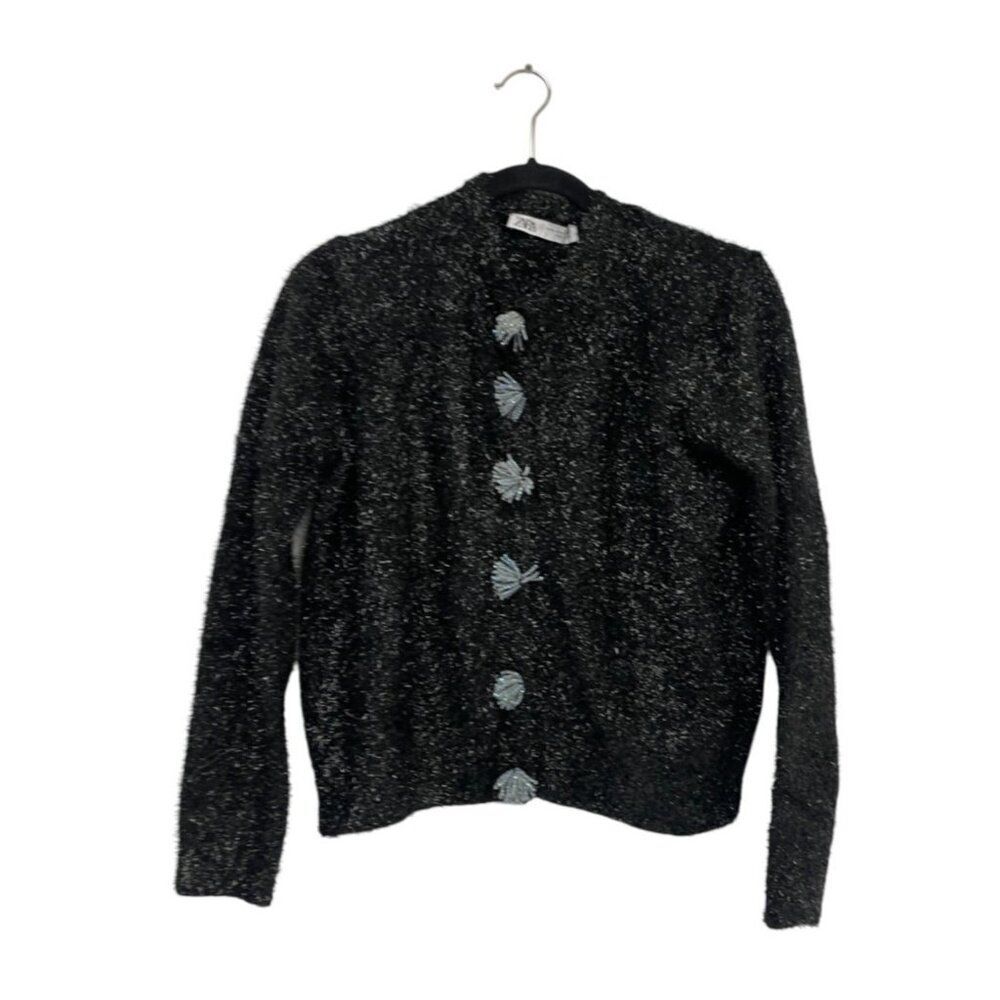 Zara Womens Blazer Jacket Cardigan Size M Black Metallic Thread 8146/005 NWT